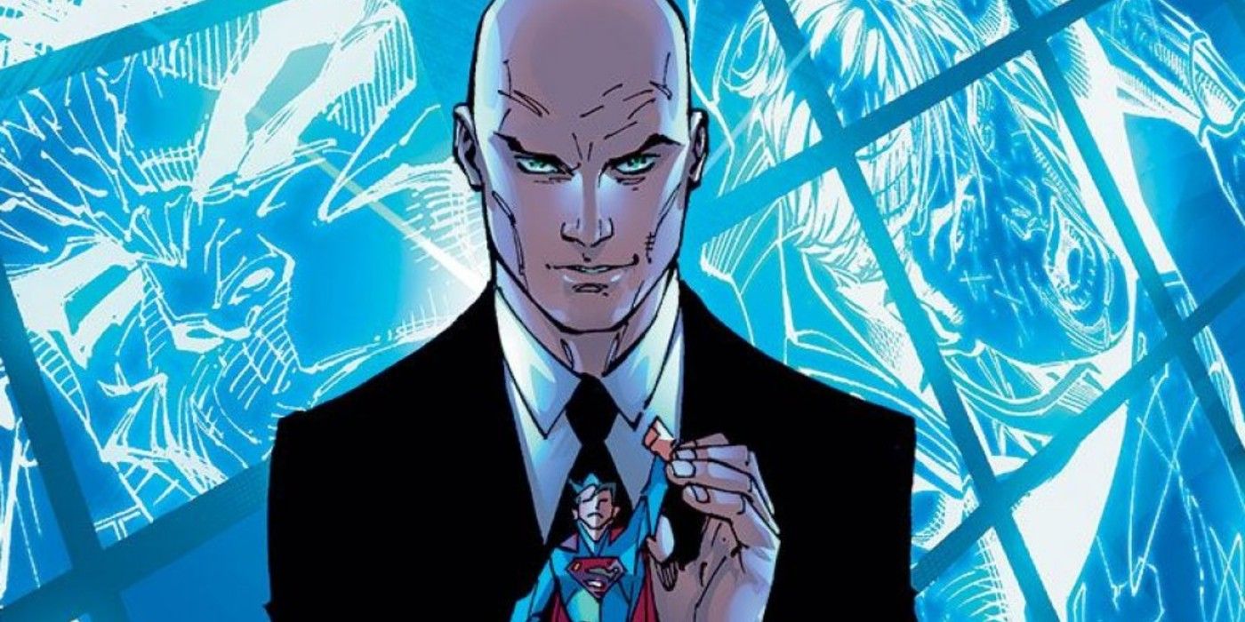 Lex Luthor grinning and playing with a Superman doll