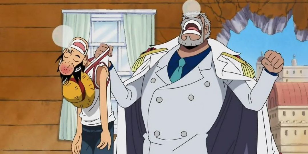 Garp holds Luffy while they both sleep standing up.