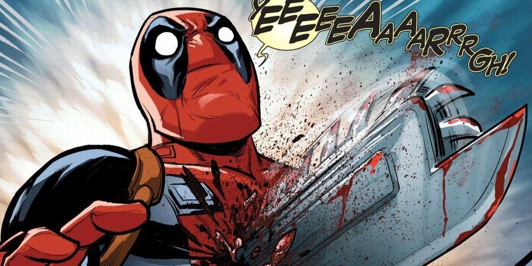 Marvel Comics' Deadpool getting ran through with a chainsaw
