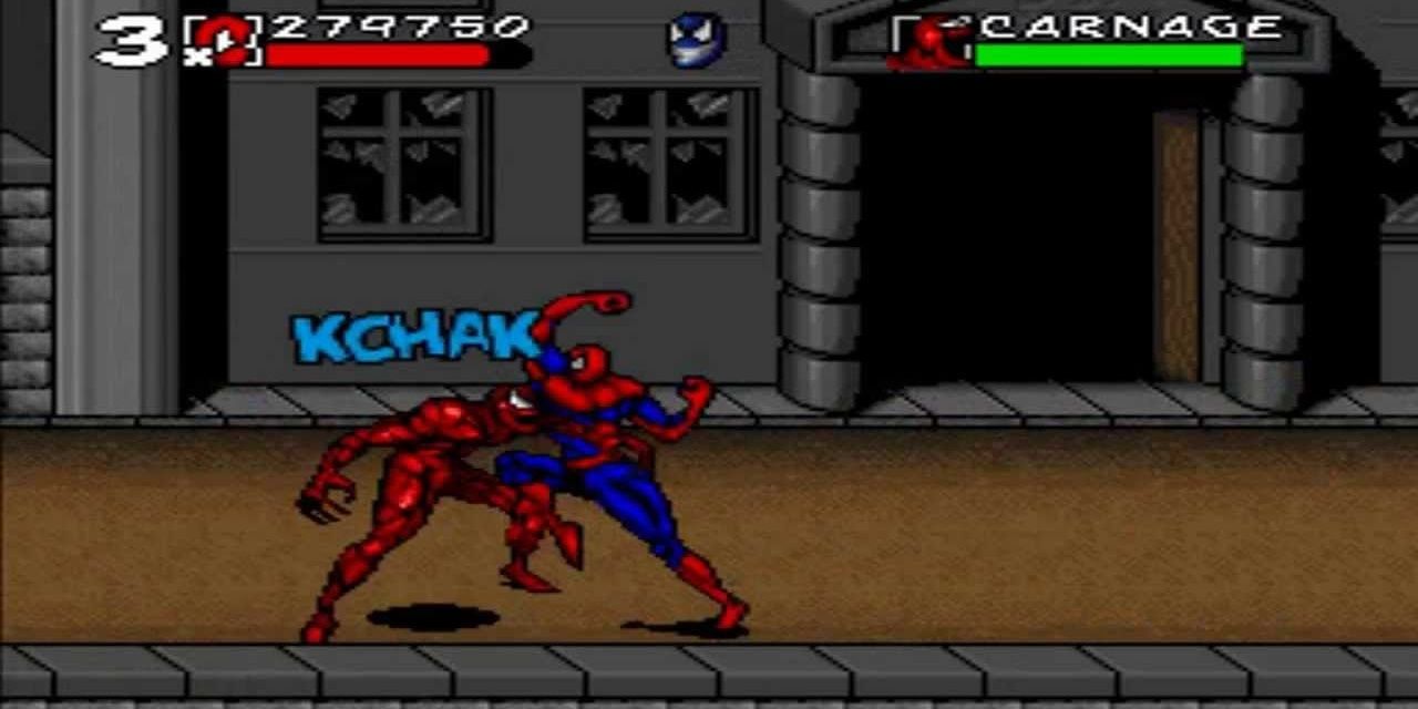 a still from Marvel Spider-Man Maximum Carnage depicting carnage and spidey fighting