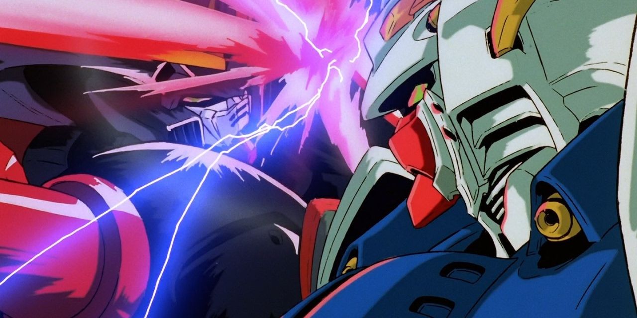 Two Gundam clash in the Gundam Fight in Mobile Fighter G Gundam.
