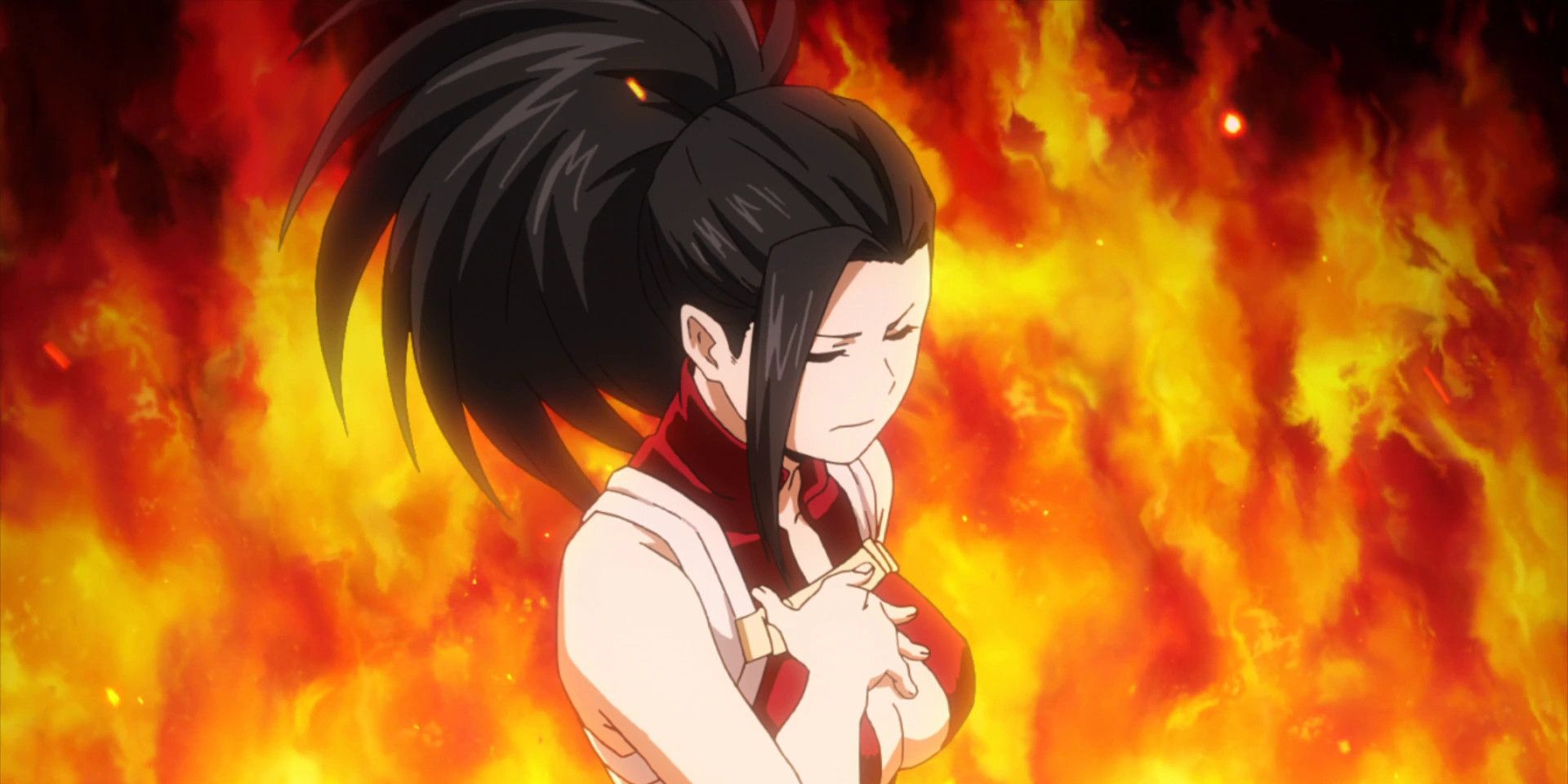 my hero academia, smartest girl momo yaoyorozu bathing in flames