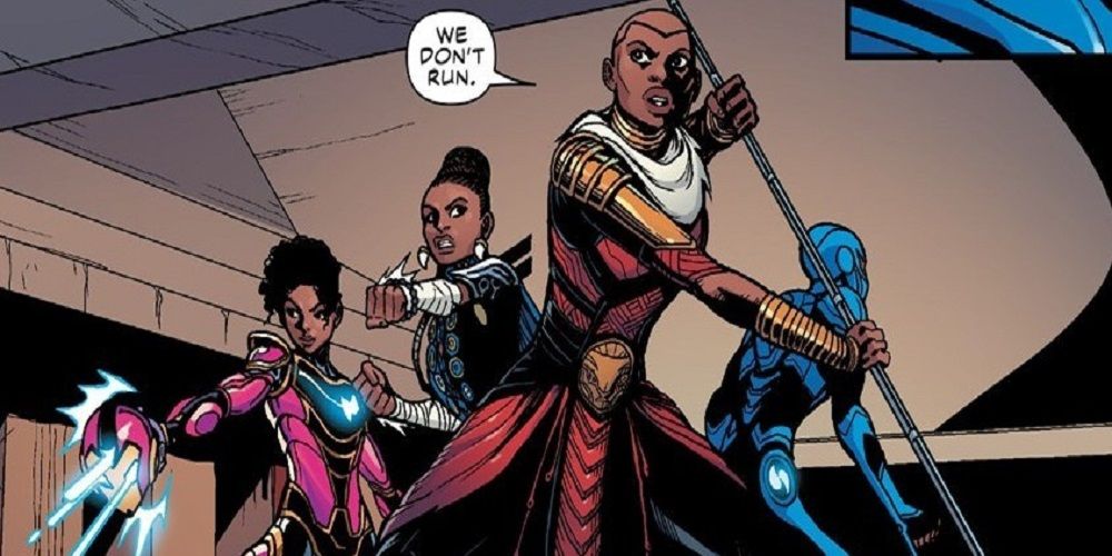 Okoye and the Dora Milaje with Ironheart, primed for battle in Marvel Comics