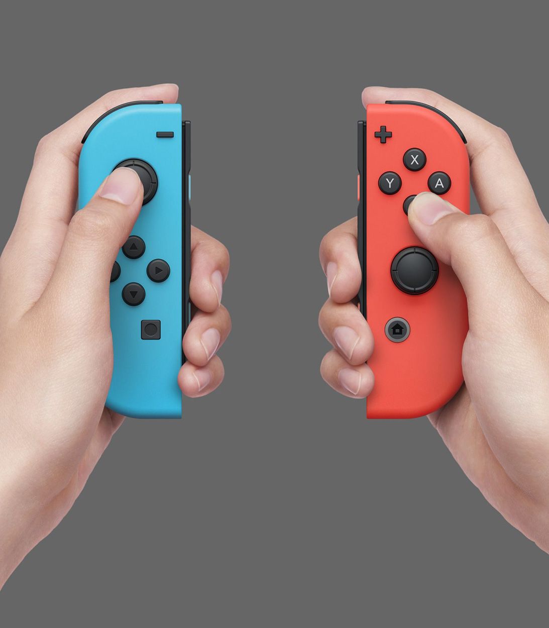 Neon red and blue joy-con controllers
