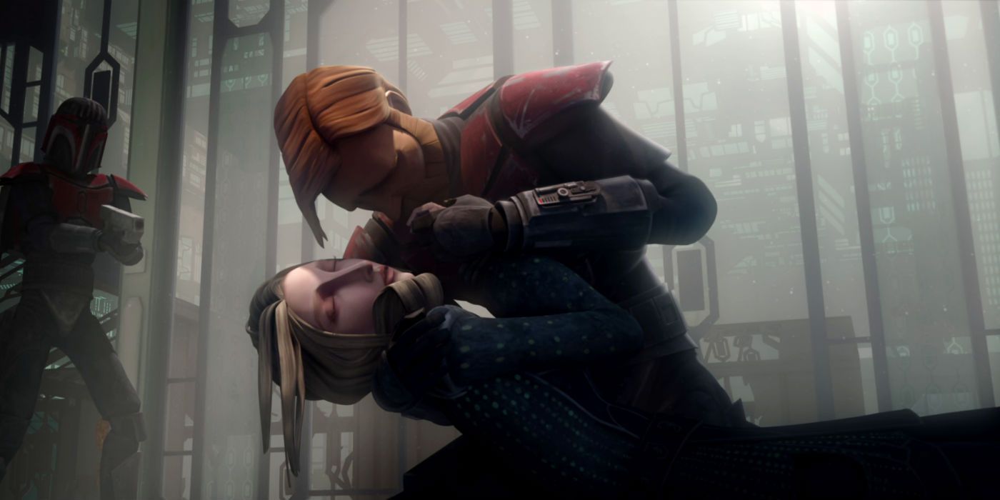 Obi-Wan Kenobi holding Satine Kryze's dead body in Star Wars: The Clone Wars