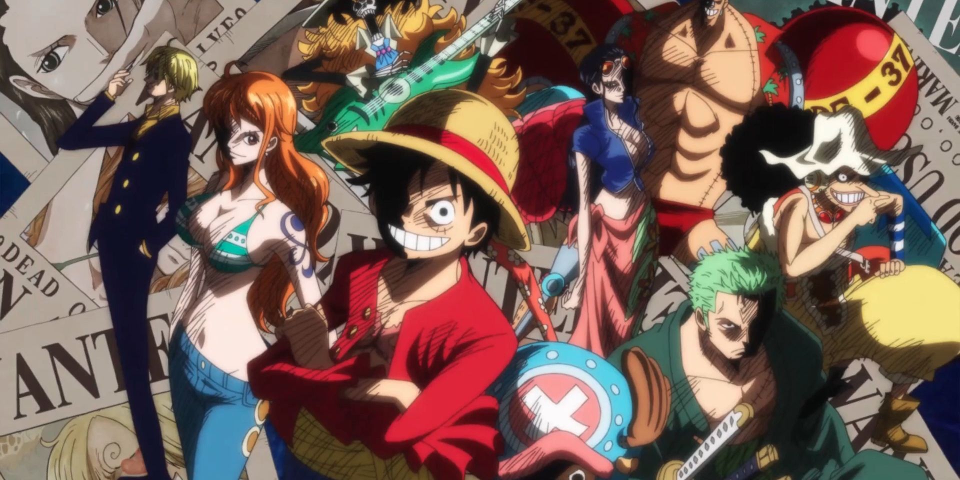 One Piece's Luffy and the Straw Hat Pirates' stand in front of a background of Wanted Posters