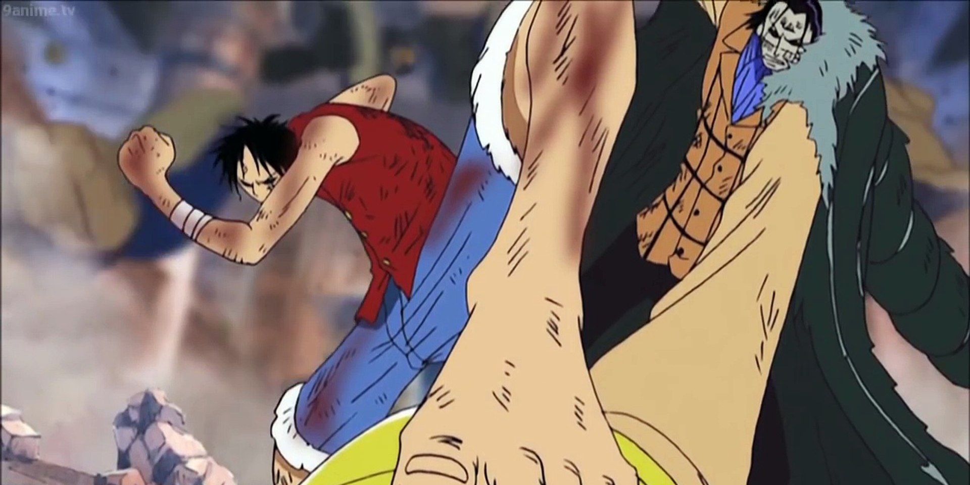 Luffy holding down Crocodile's hook in One Piece.
