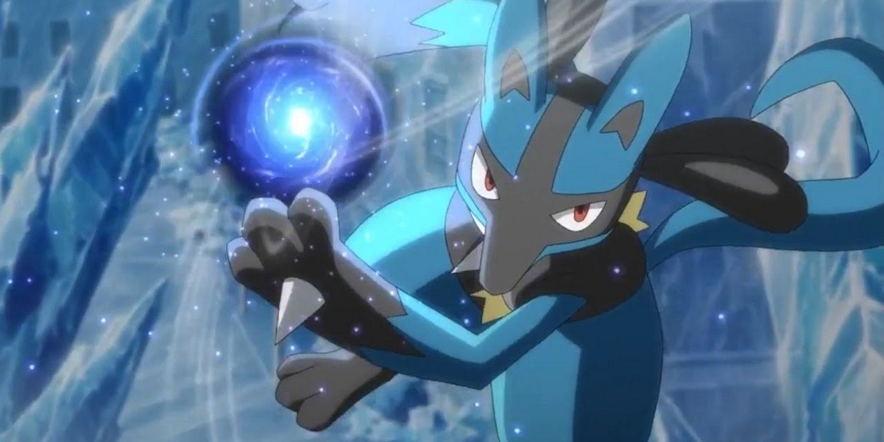 Lucario lets out an aura sphere attack in the Pokémon anime