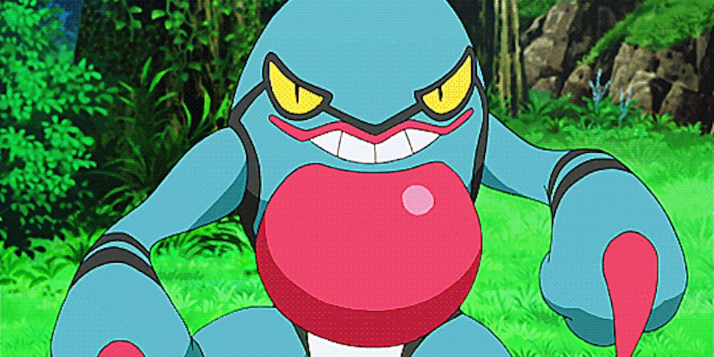 Marnie's Toxicroak Pokémon threatening with its poison claw.