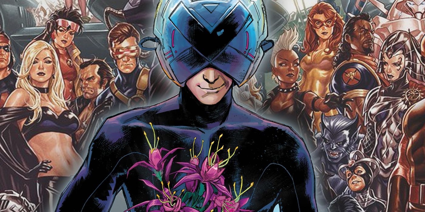 Marvel Comics' Professor X holding Krakoan flowers standing in front of the X-Men