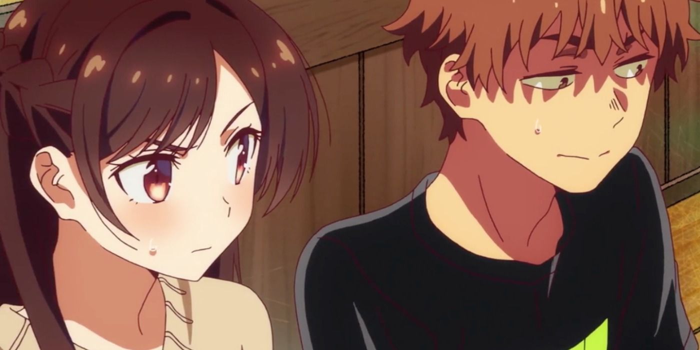Anxious Kazuya looks away from angry Chizuru, Rent-a-girlfriend