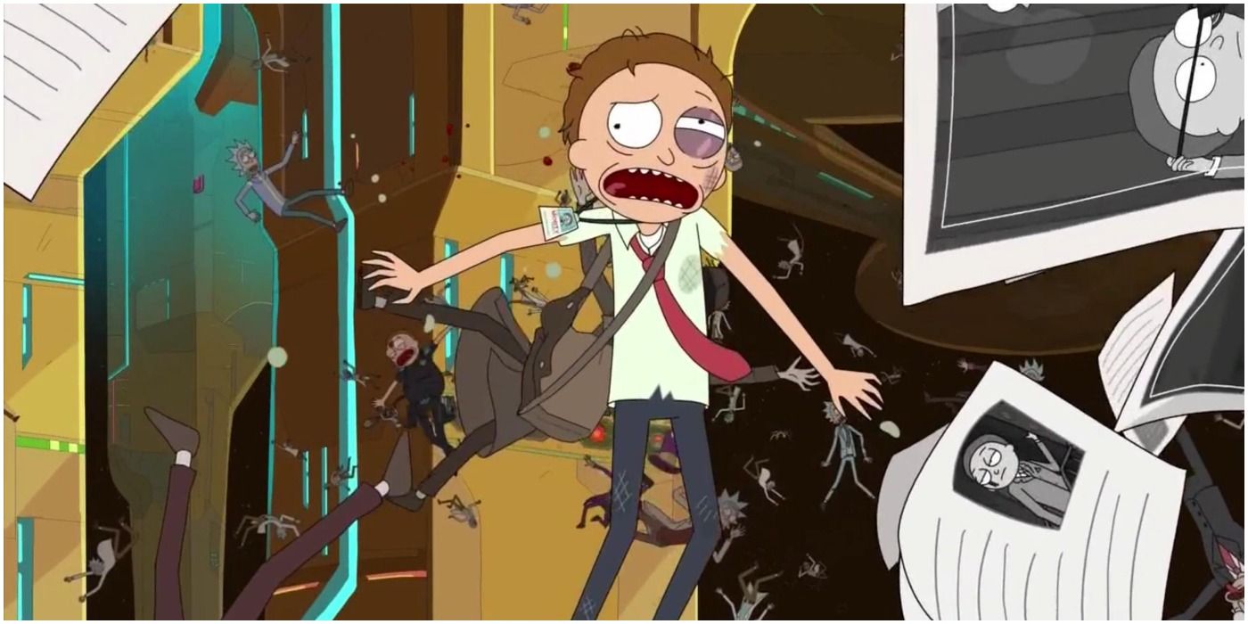 Morty is bruised in "The Ricklantis Mixup" in Rick and Morty.