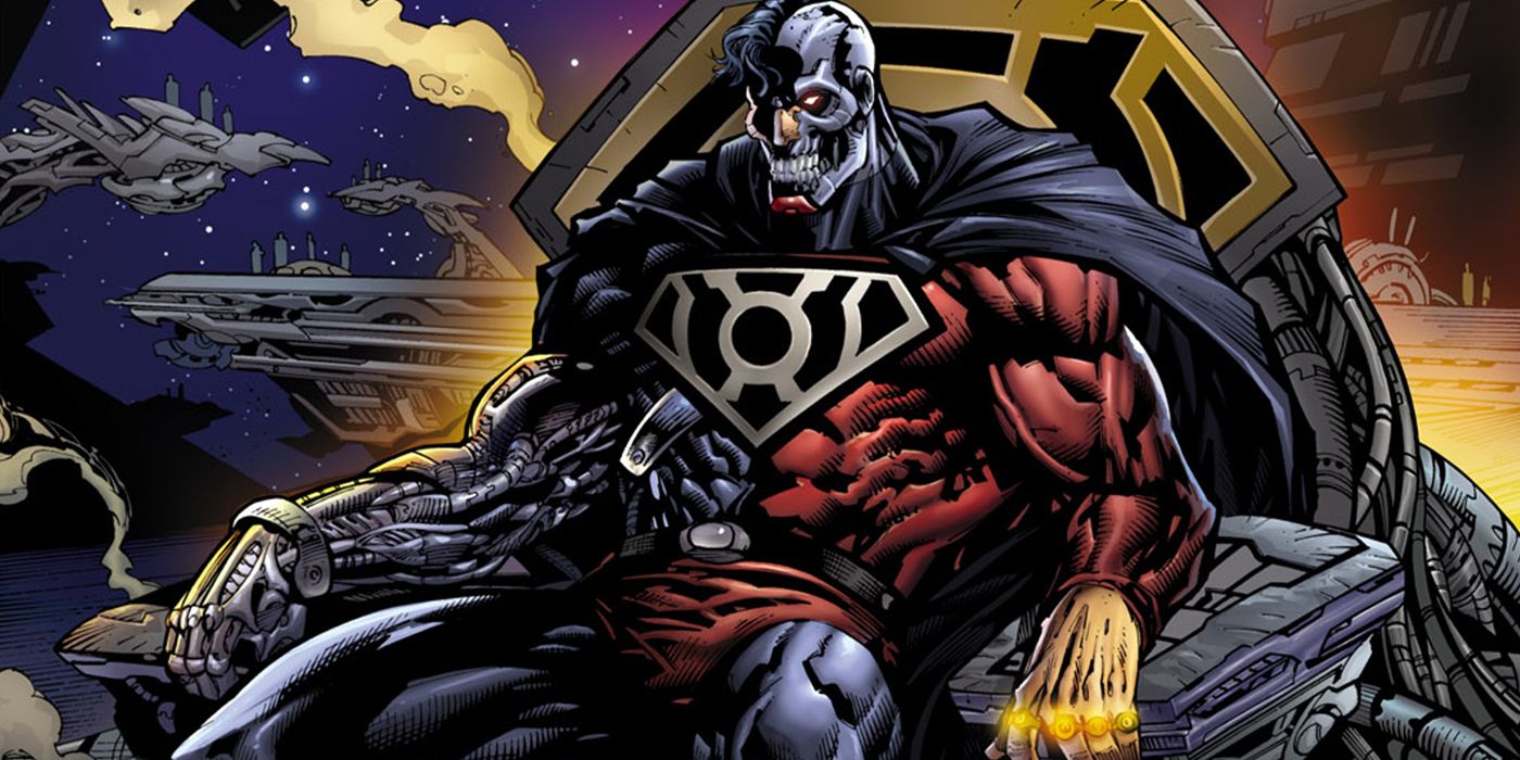 An image of Cyborg Superman making a menacing smile while seated on his throne