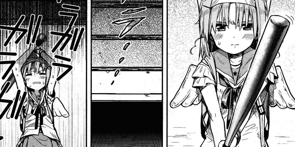 A panel from the School-Live! manga showing Yuki using a baseball bat