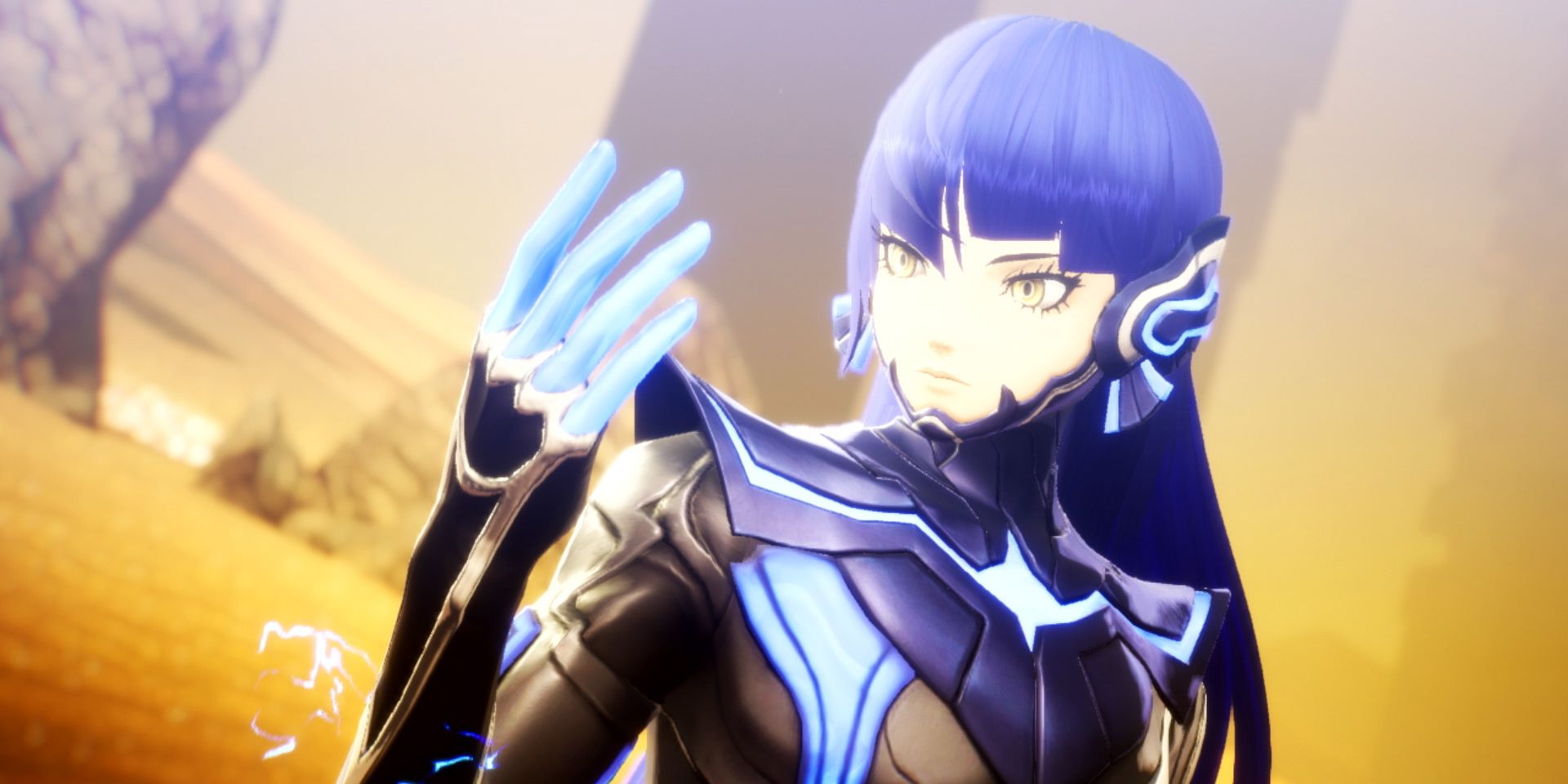 Demifiend looks at her hand in a screenshot from Shin Megami Tensei V