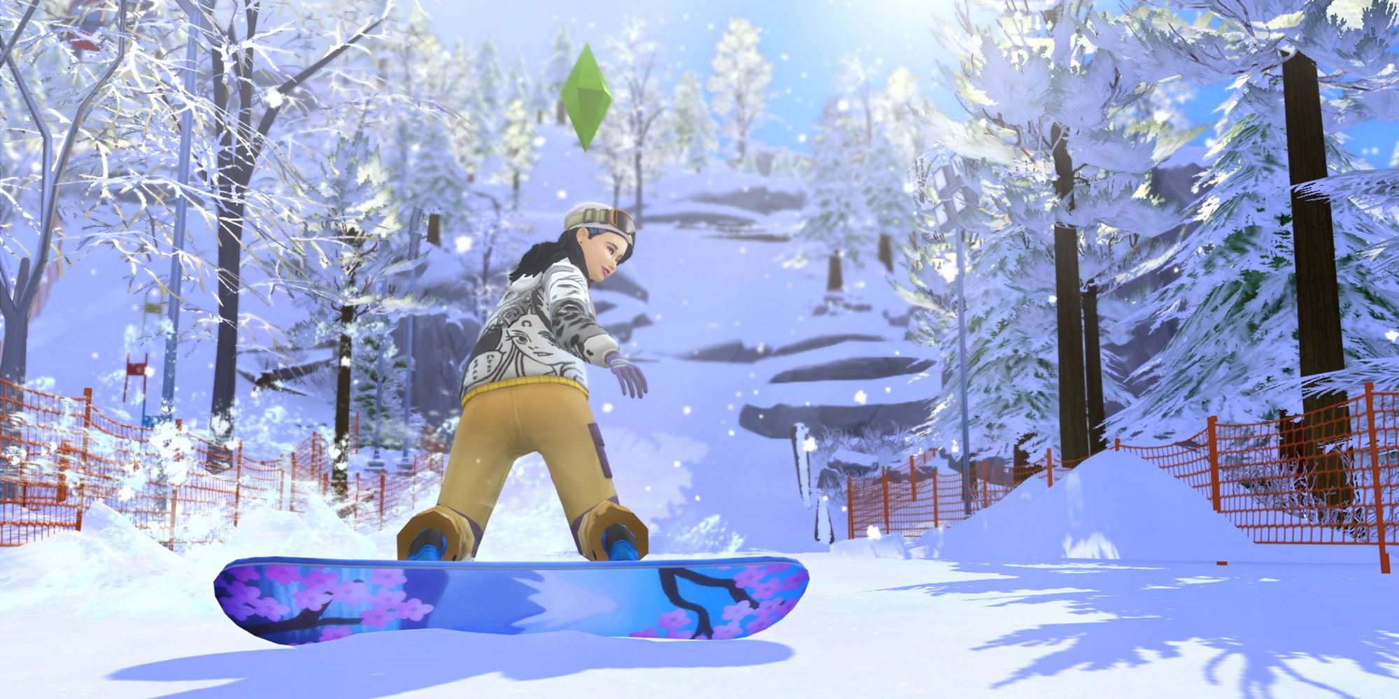 A Sim hitting the slopes in Snowy Escape