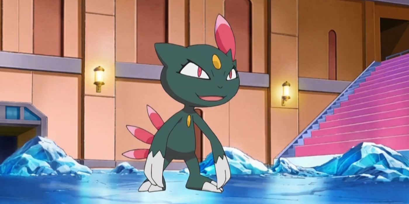 Sneasel ready to battle on ice in the Pokemon anime