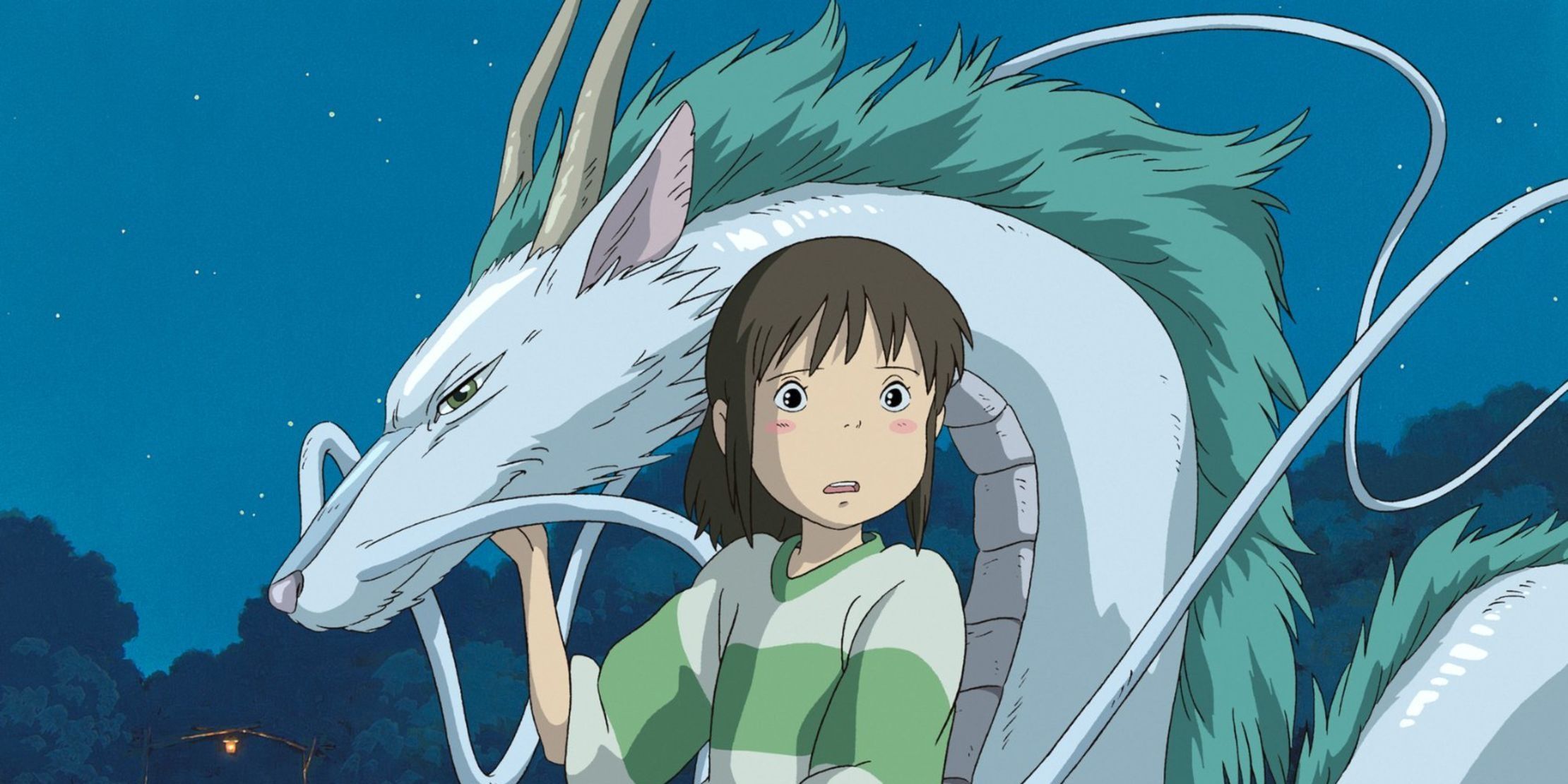 Chihiro looking surprised while being with Haku in his dragon form in Spirited Away