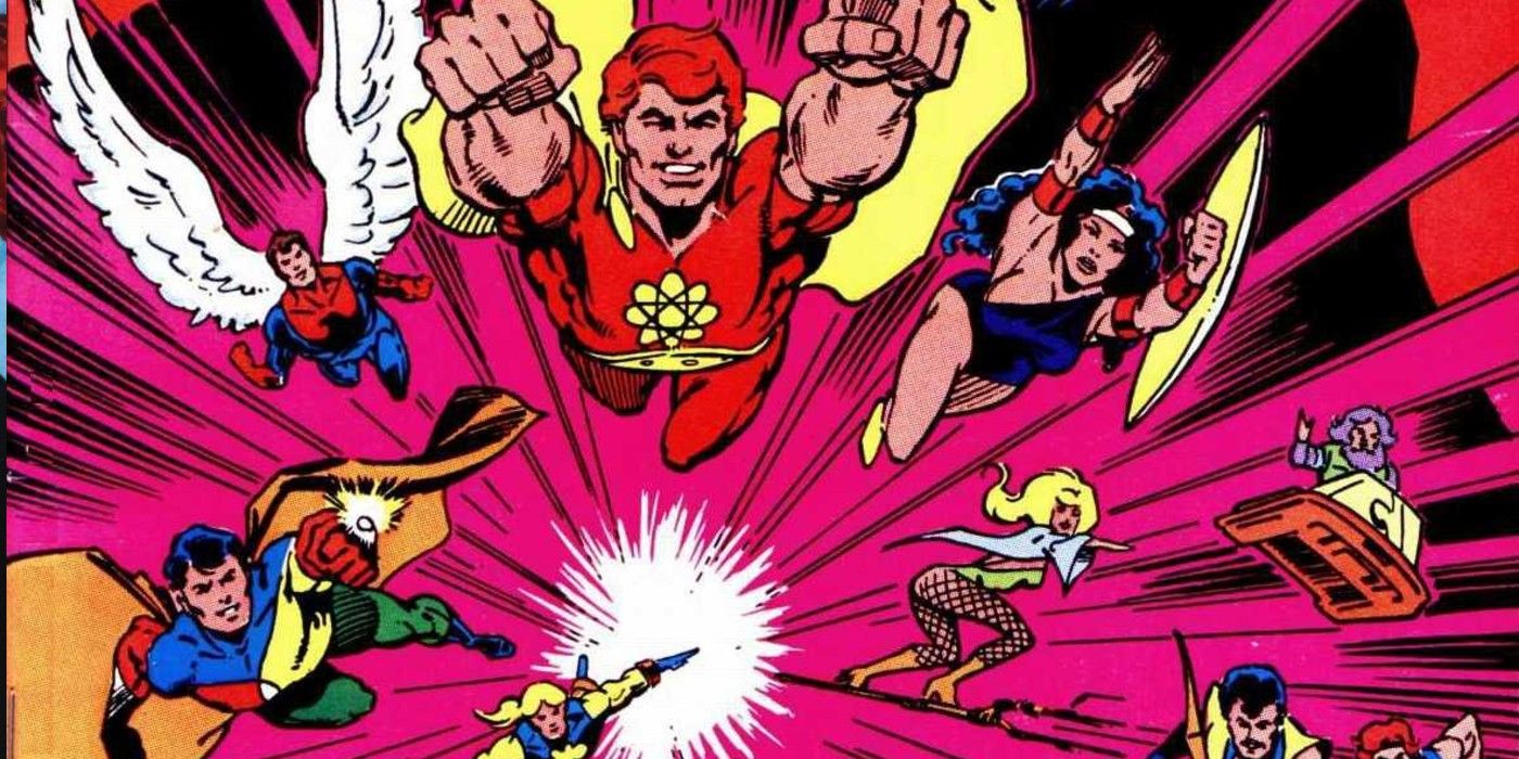 Hyperion flies through the air, leading the Squadron Supreme in Marvel Comics