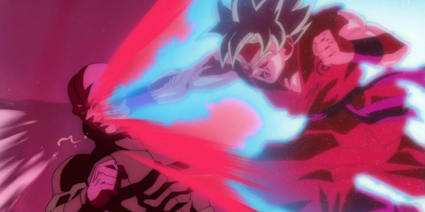 Blue Kaioken Goku punches through Hit's Time-Skip Technique in Dragon Ball Super
