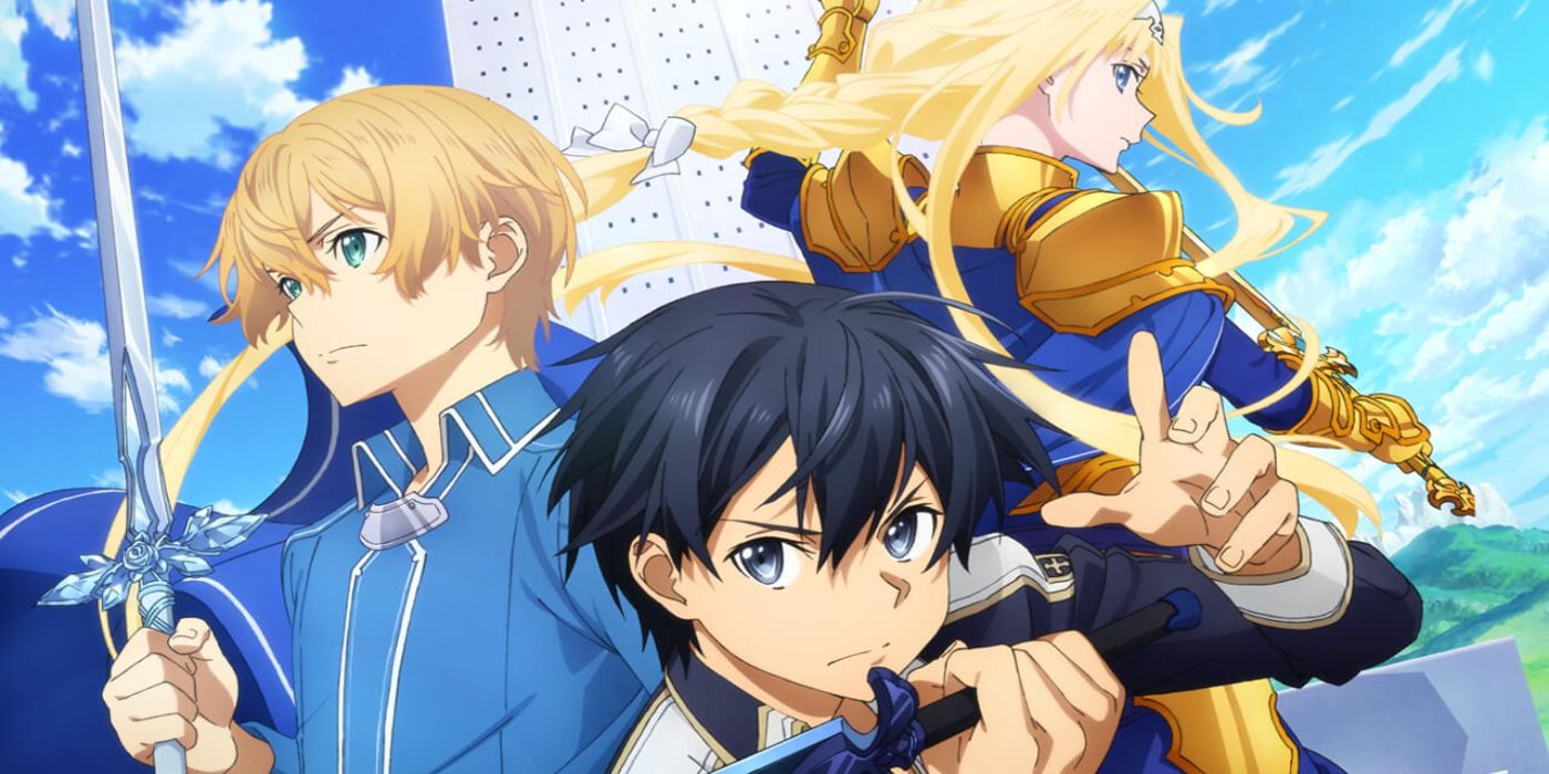 Eugeo holding a sword on the left with Kazuto in the center and Alice Zuberg facing right.
