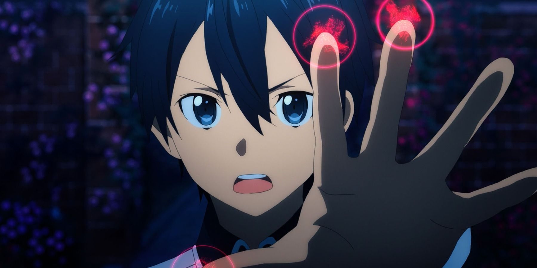 Kirito from Sword Art Online gesturing towards the camera and looking dismayed