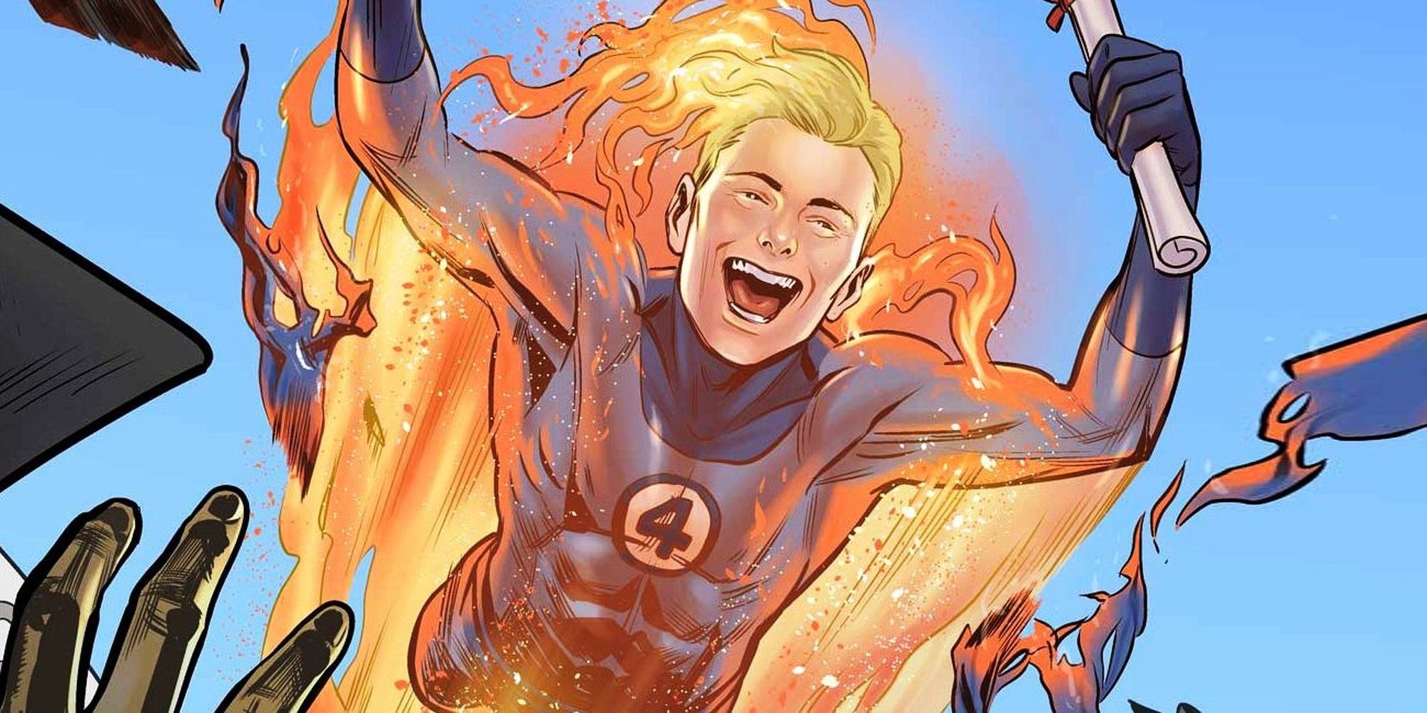 Human Torch flying while celebrating