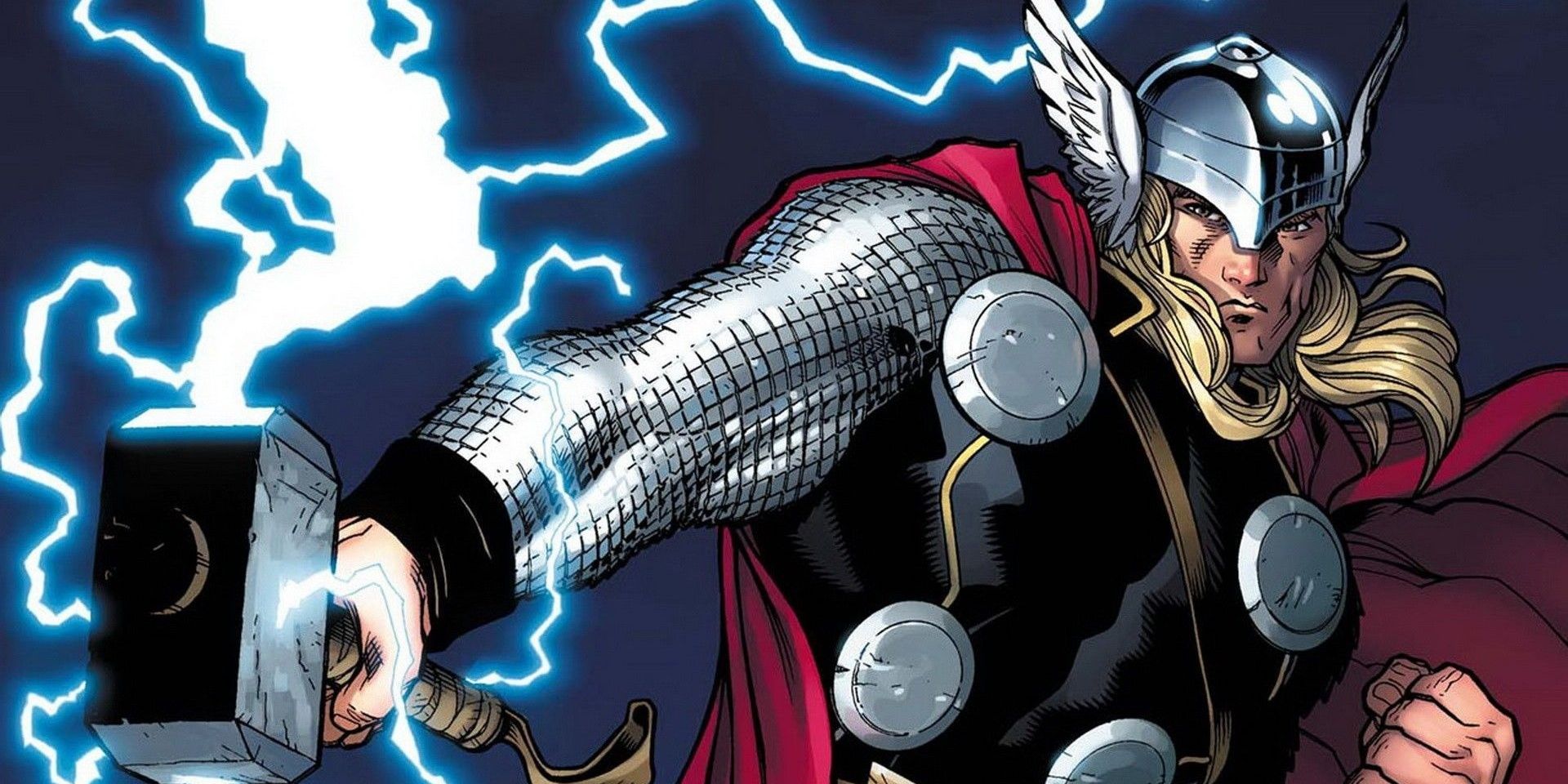 Marvel Comics' Thor about to summon lightning with his hammer