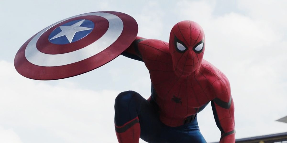 Tom Holland's Spider-Man holds Steve Rogers' shield as he makes a landing in Captain America: Civil War