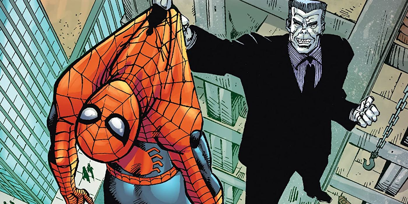 Tombstone holding Spider-Man high above the streets in Marvel Comics
