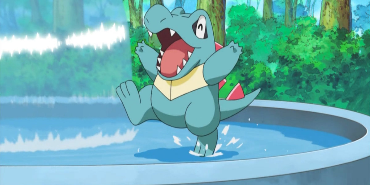 Totodile happy in the water fountain Pokémon