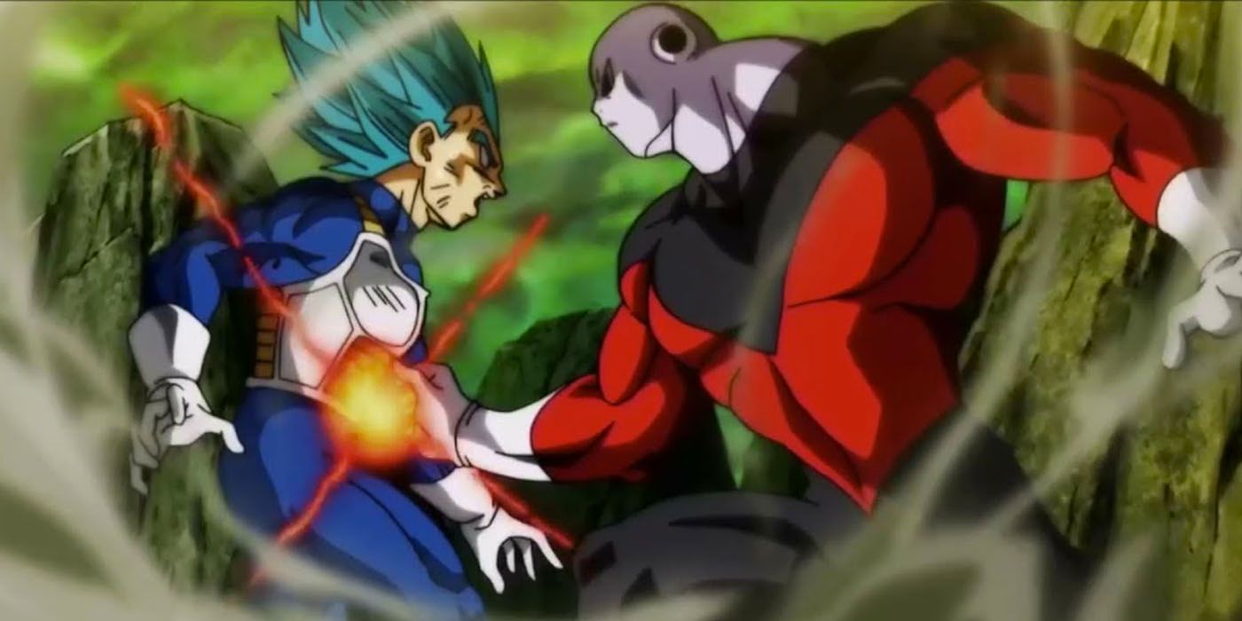 Super Saiyan Blue Vegeta is shocked that Jiren quickly closed a gap and is preparing a ki attack in Dragon Ball Super