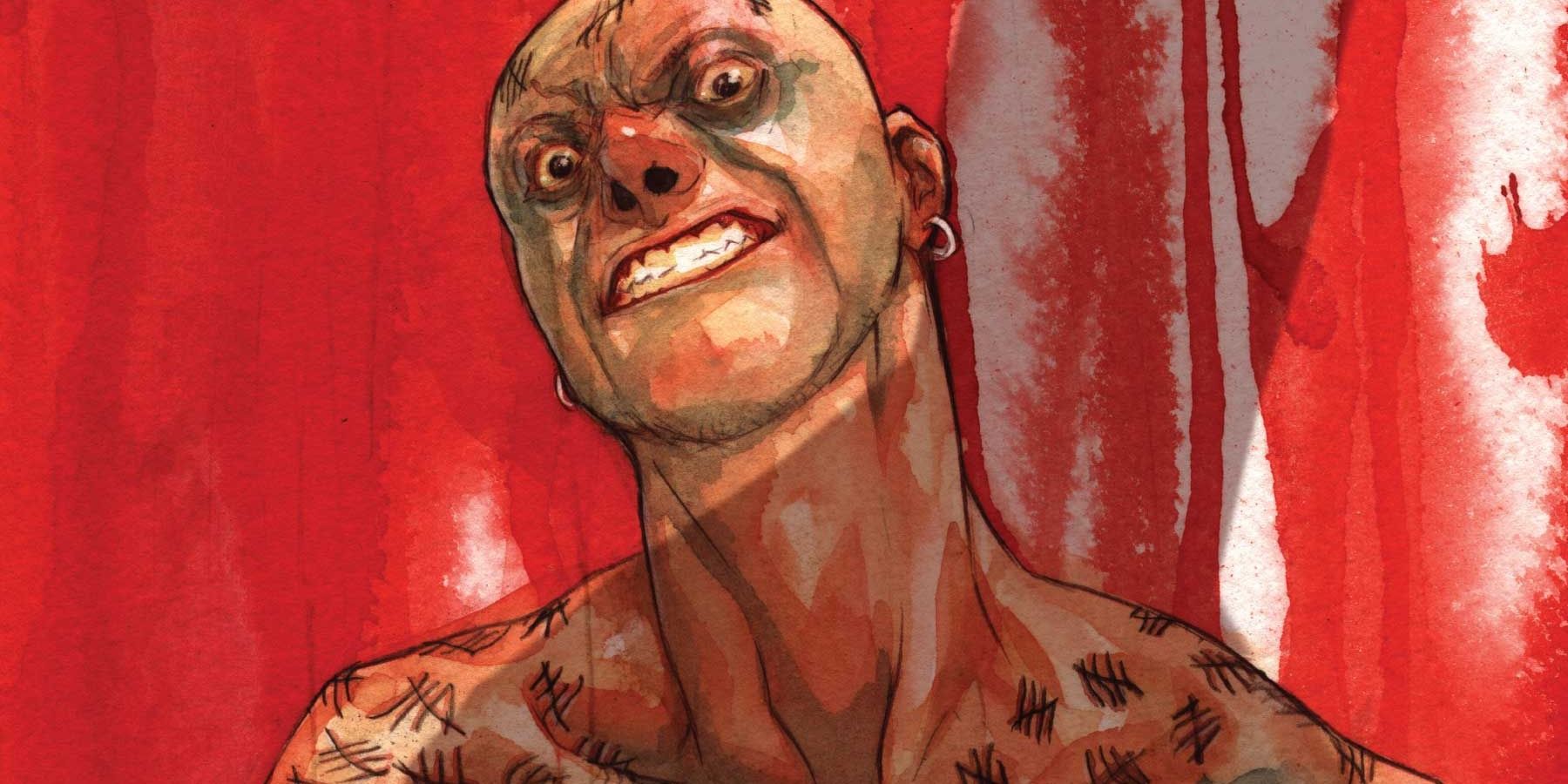 Victor Zsasz fica olhando com sangue na parede na DC Comics