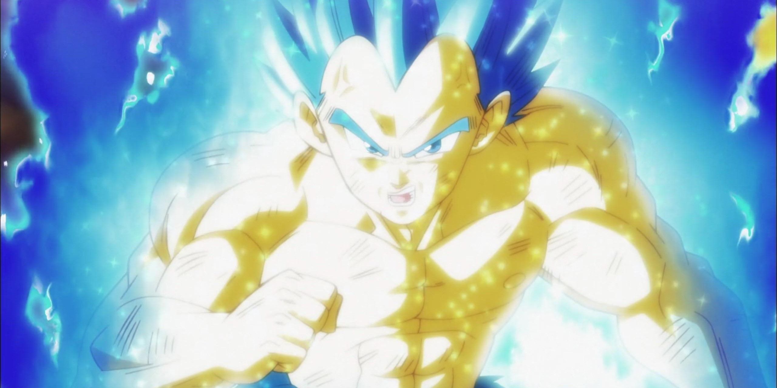 Vegeta from Dragon Ball Super activates His Super saiyan God transformation.