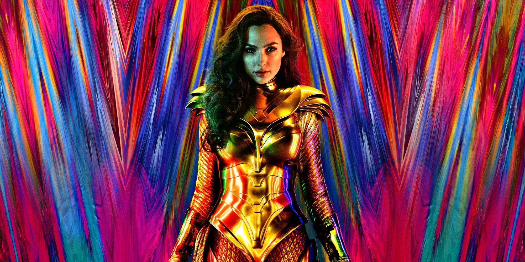 Diana in her golden armor with a colorful background in Wonder Woman 1984