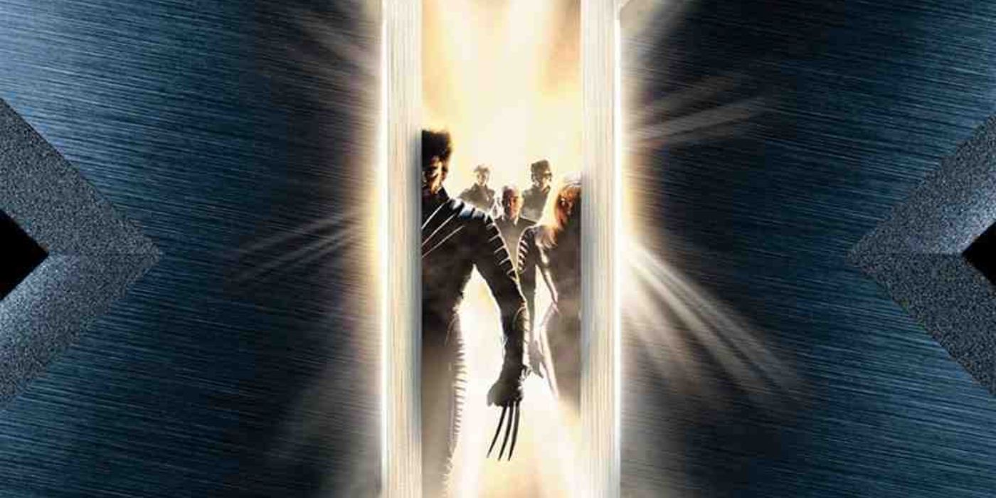 X-Men 2000 film movie poster with silhouettes of Wolverine, Storm, Professor X, Cyclops, and Jean Grey appearing between two halves of a giant X.