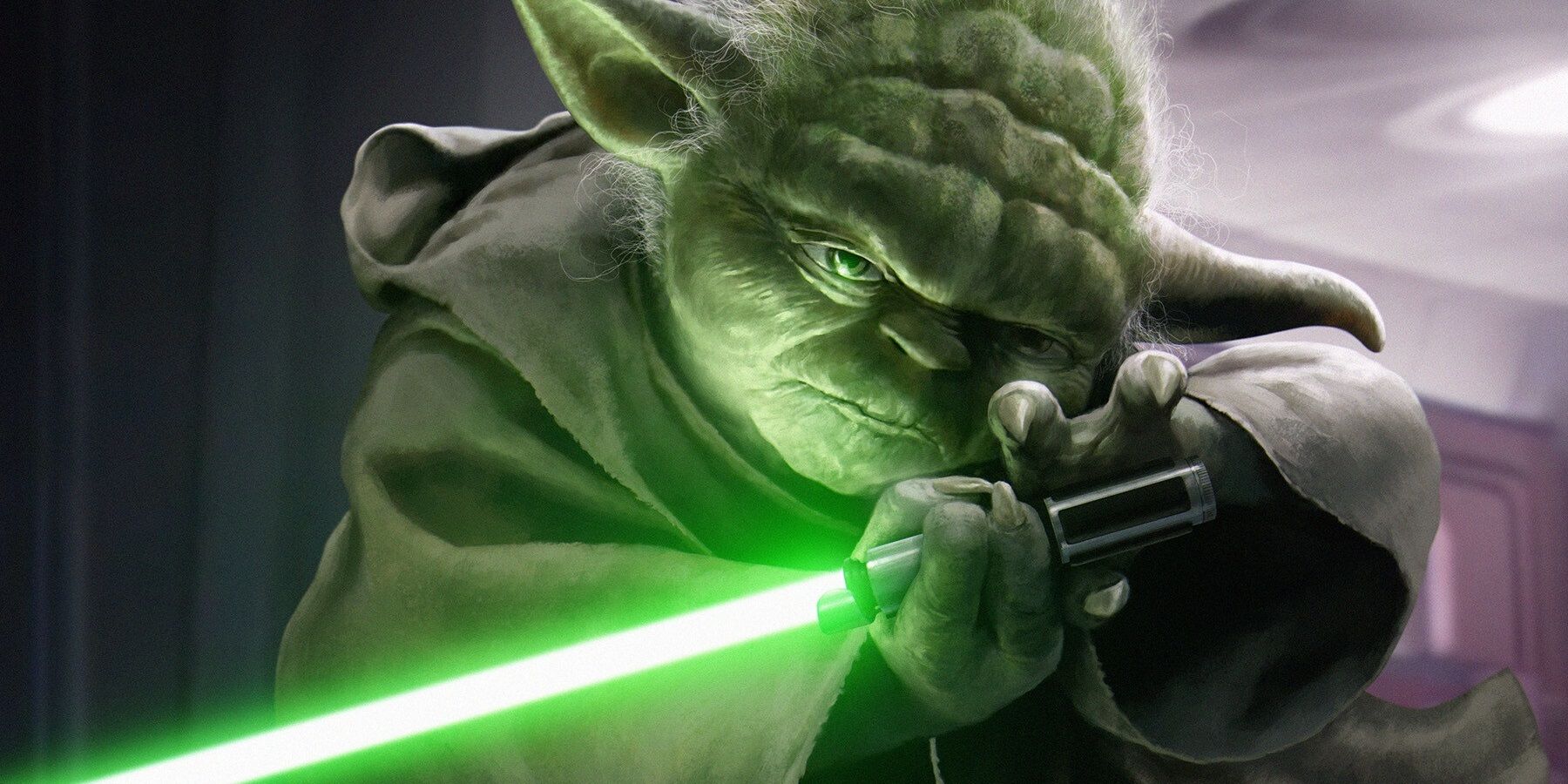 Yoda holding his lightsaber in Revenge of the Sith