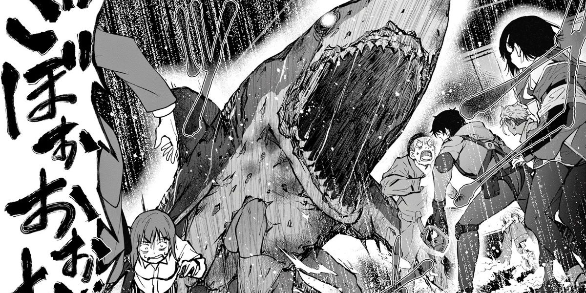 A zombie shark attacks in the Zom 100: Bucket List of the Dead manga