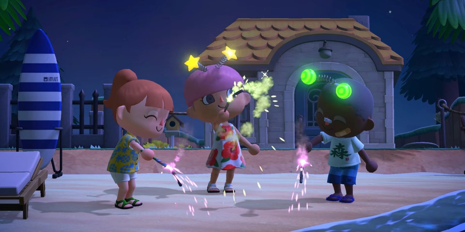 Aldeões usando estrelinhas na praia em Animal Crossing: New Horizons