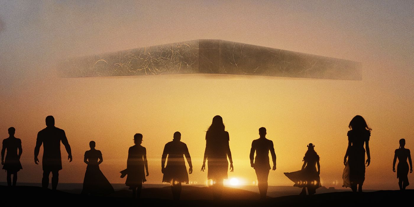 Every member of the Eternals arrive during a sunrise with their ship in the background on the movie poster for Eternals