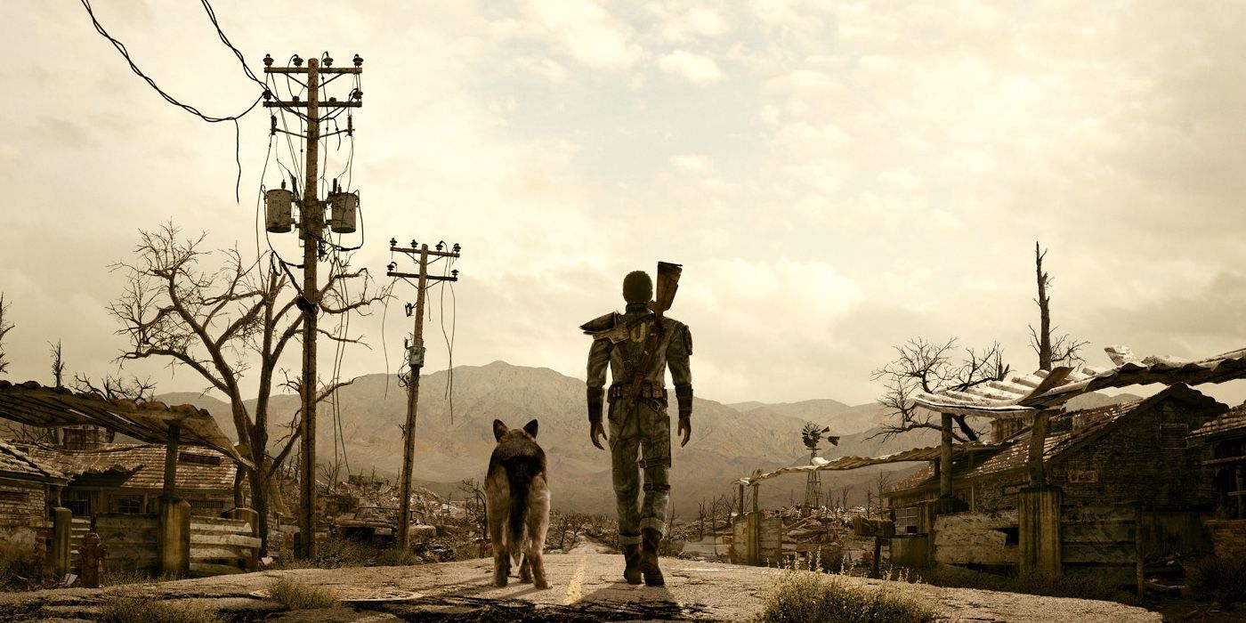 The Lone Wanderer walks toward Washington, D.C. with Dogmeat in Fallout 3