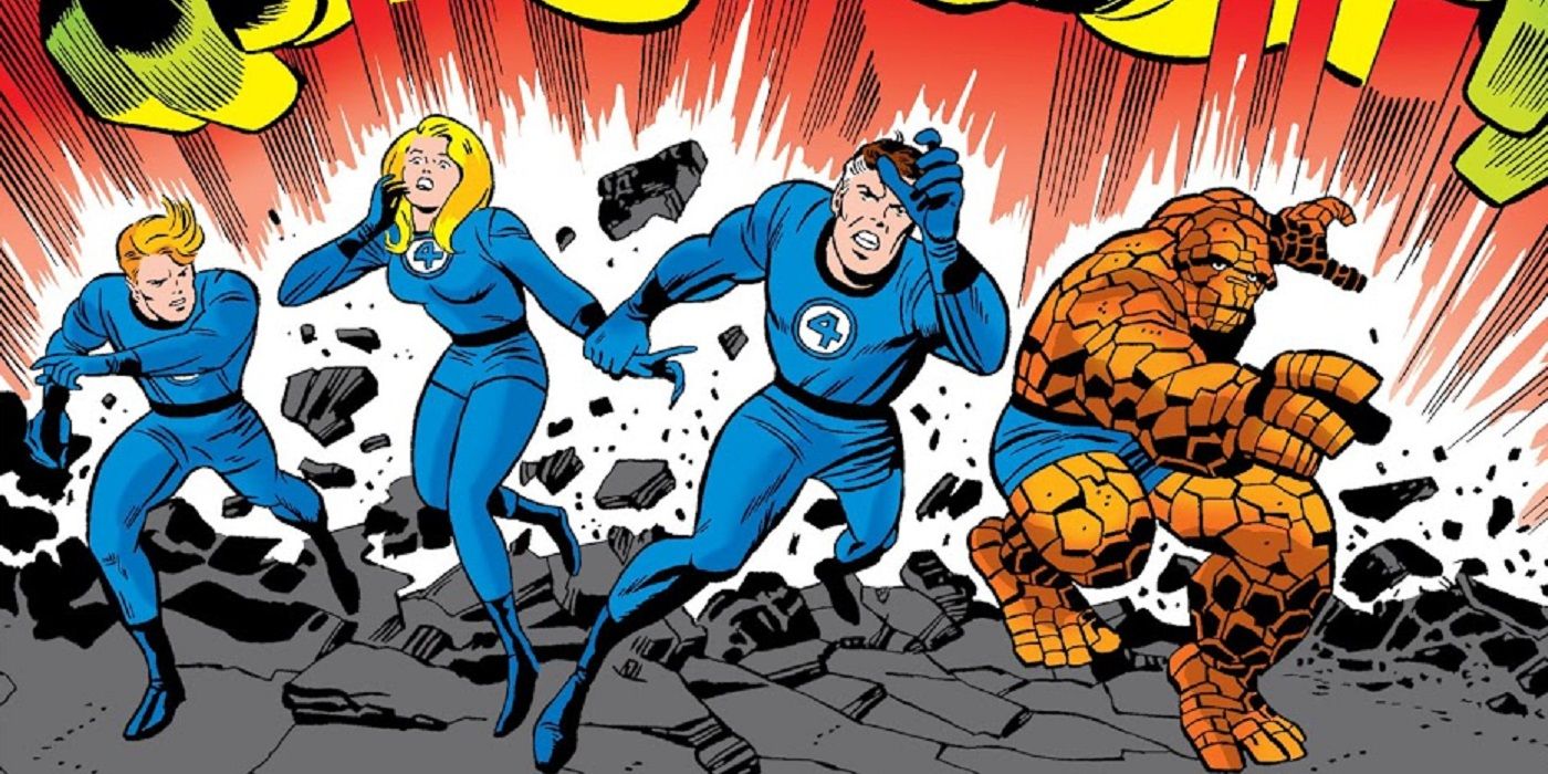 Jack Kirby's Fantastic Four fleeing an explosion in Marvel Comics