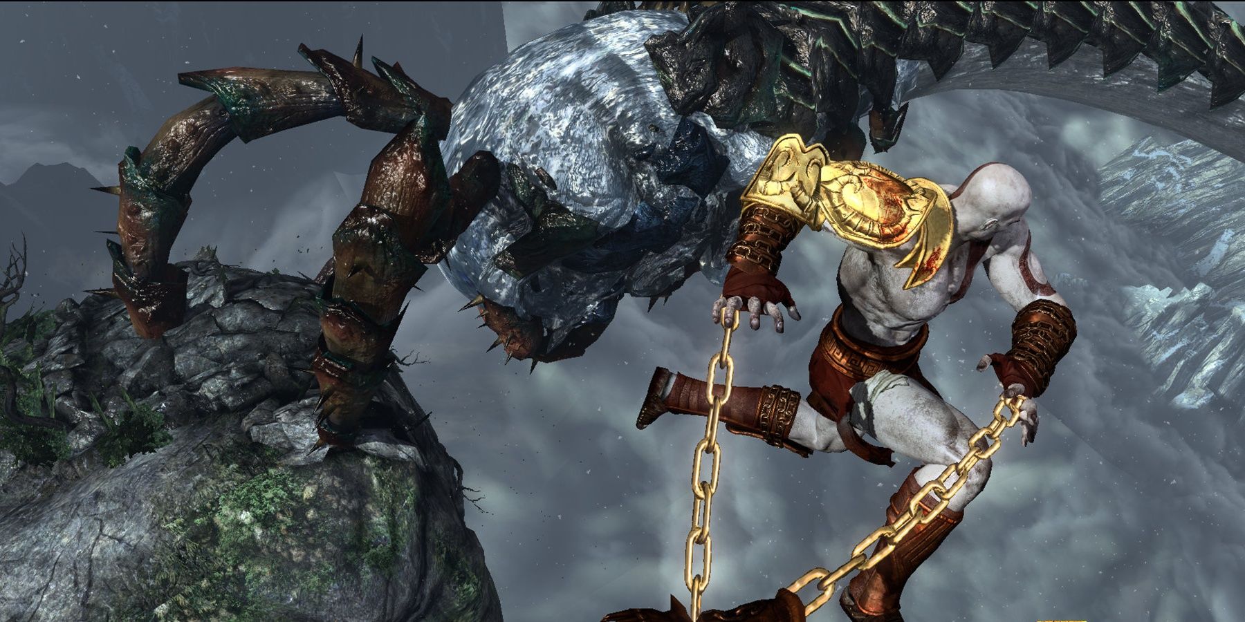 Kratos trying to separate Poseidon from Gaia in God of War III