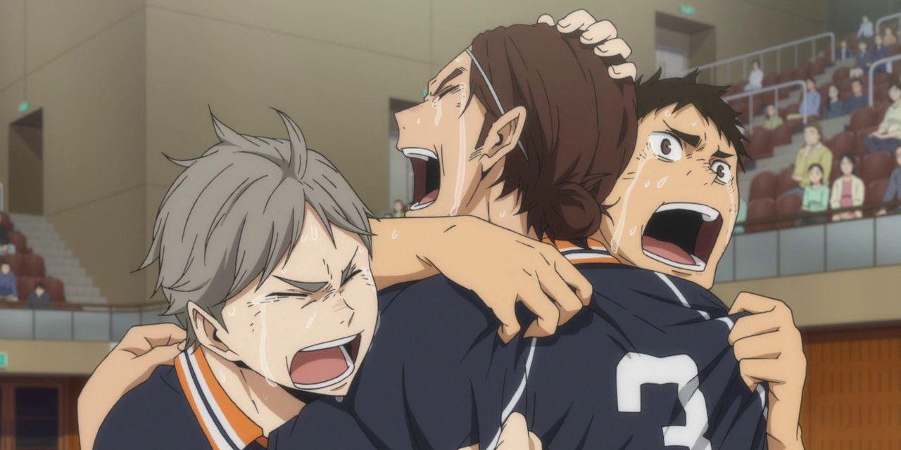Daichi, Sugawara, and Asahi hug and cry(Haikyuu!!)