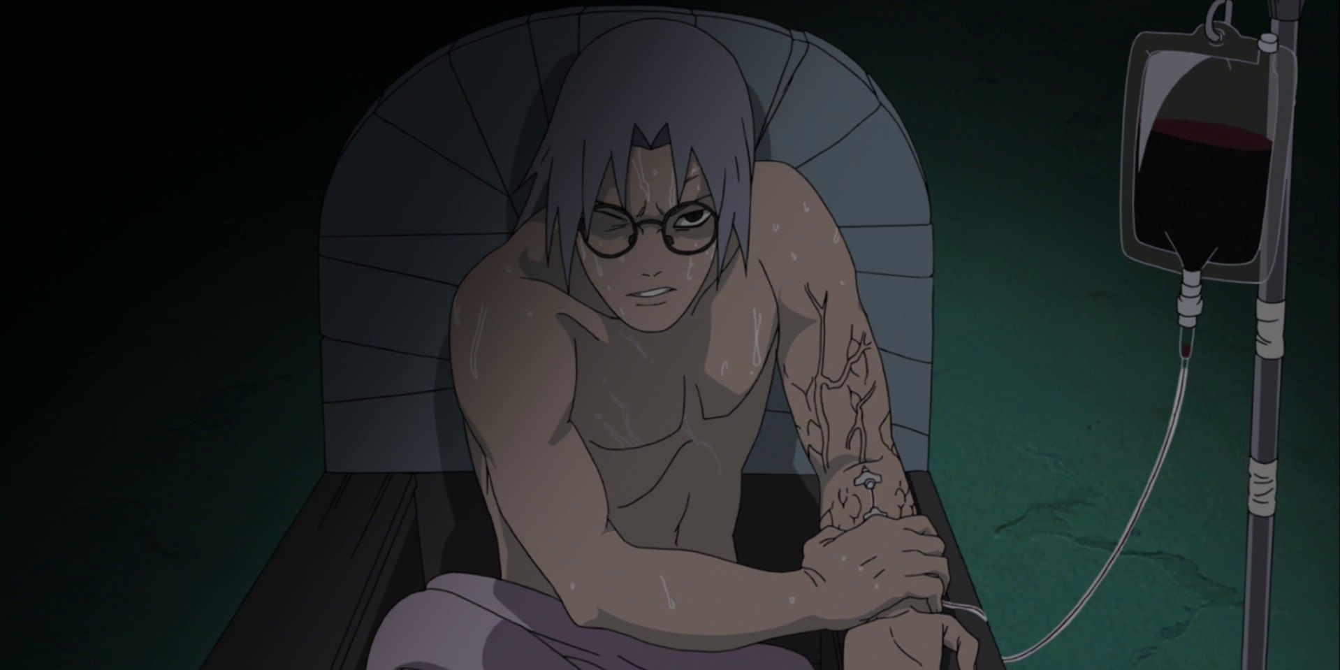 Kabuto with an IV in Naruto.