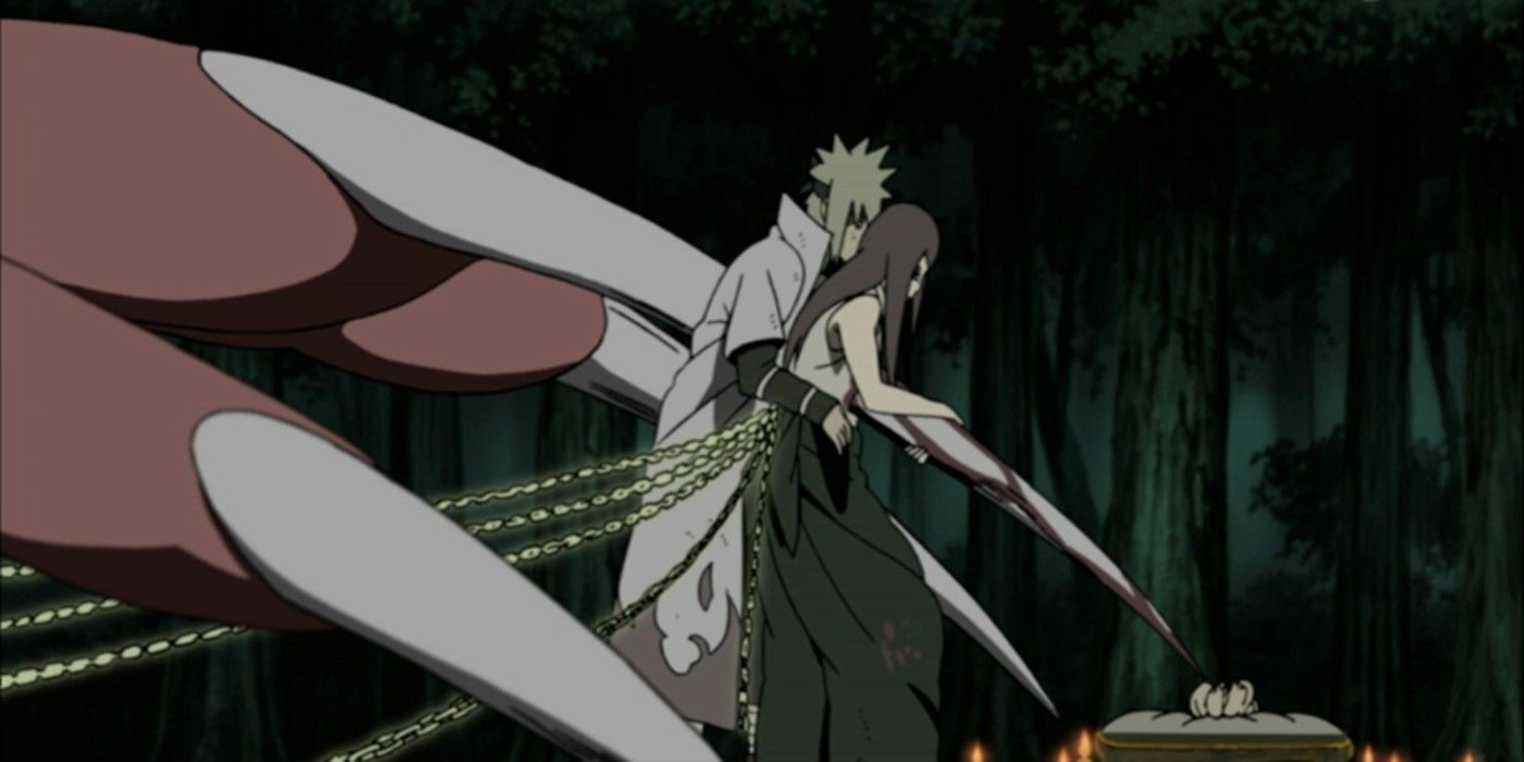 Naruto's parents, Minato Namikaze and Kushina Uzumaki, protecting Naruto from Kurama.