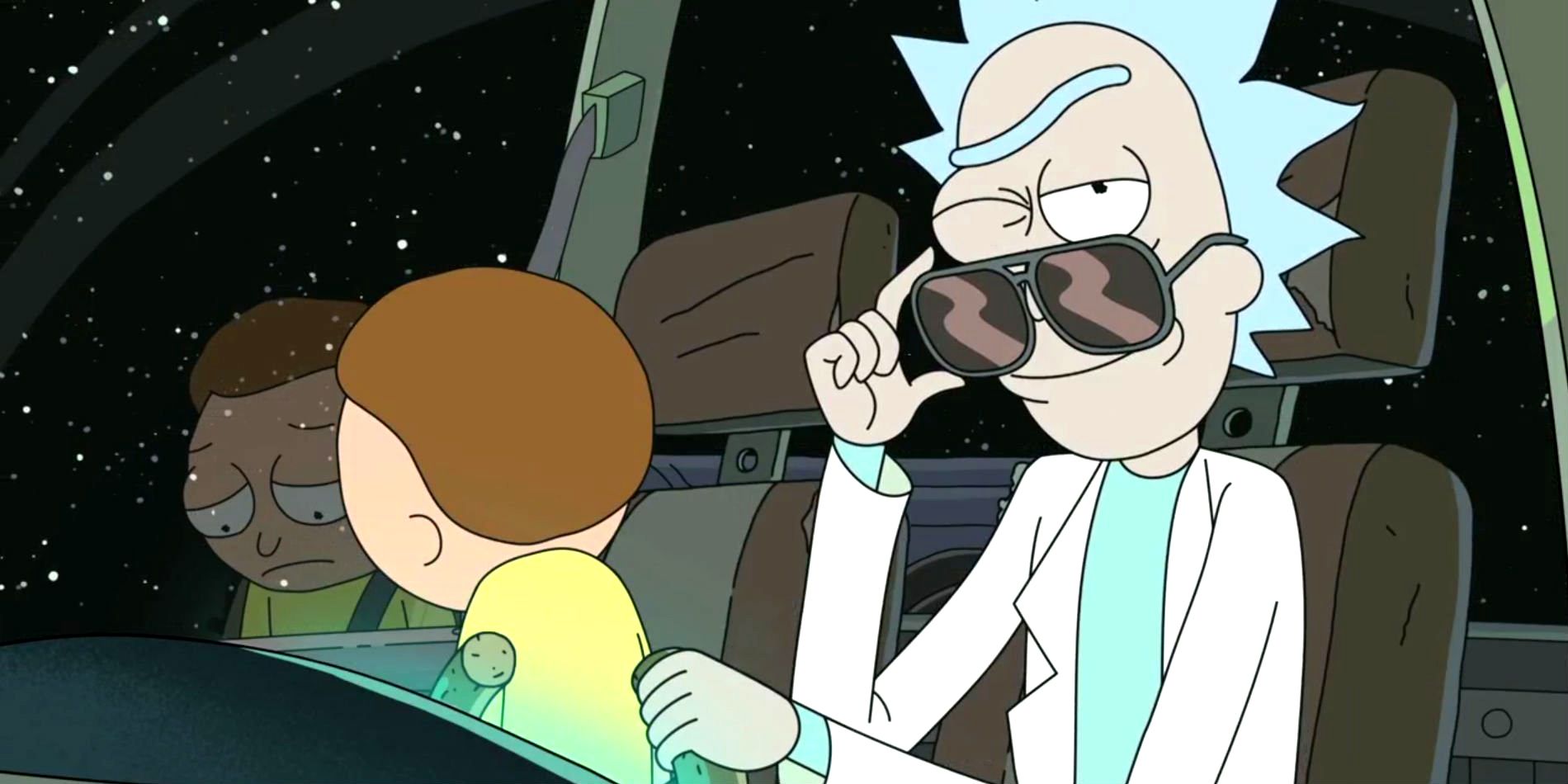 rick and morty heist episode where rick sanchez pulls his sunglasses down and winks at the end