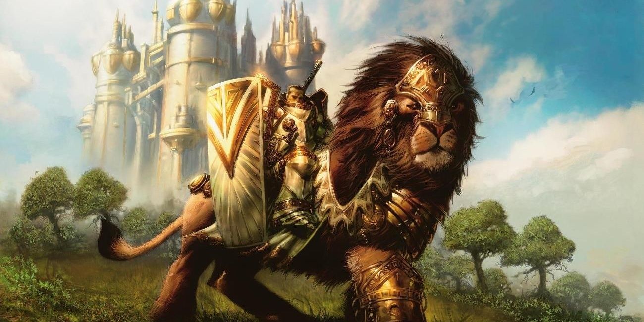 a dnd paladin riding a lion