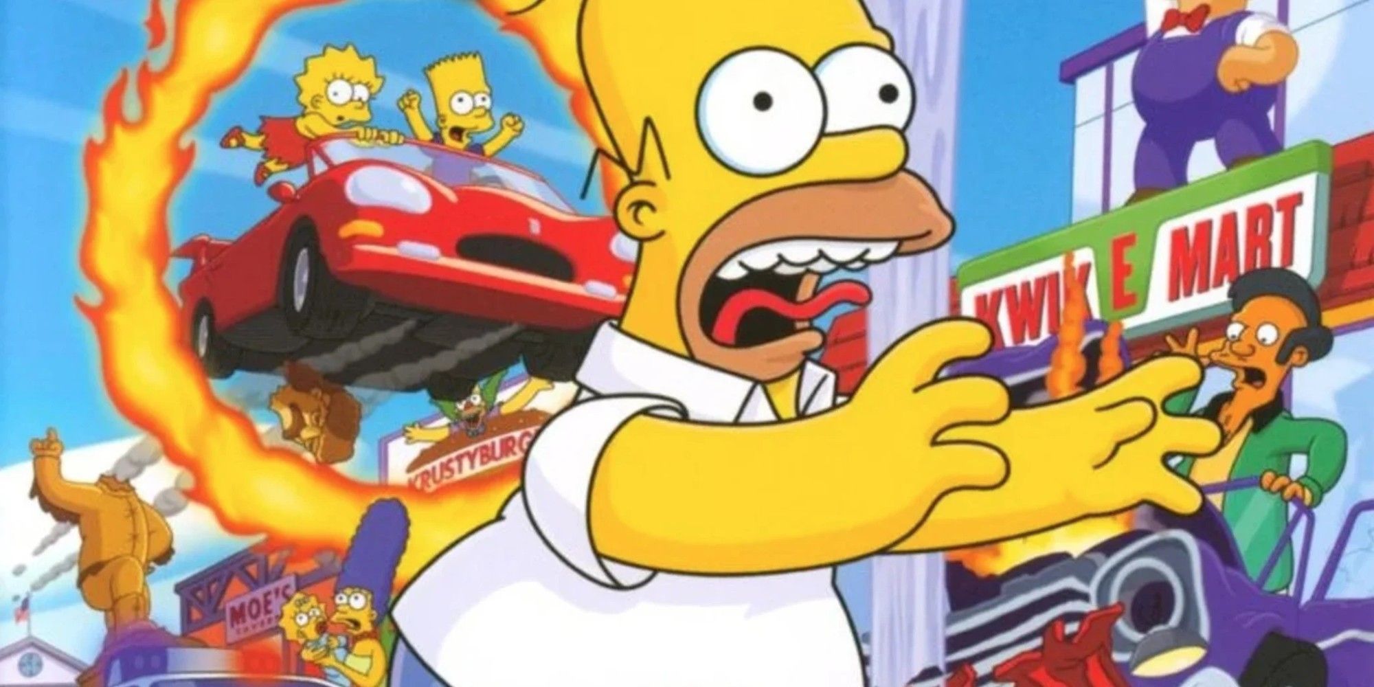 A capa de Os Simpsons: Hit and Run retrata Homer gritando em primeiro plano e vários outros personagens, como Bart e Lisa, em situações perigosas ao fundo.