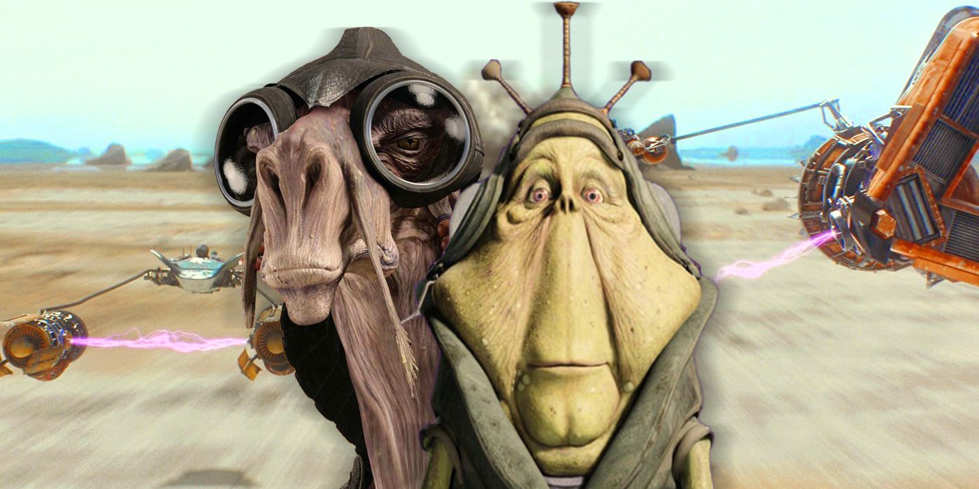 Close-up of two Star Wars racer characters' faces with pod racing in the background
